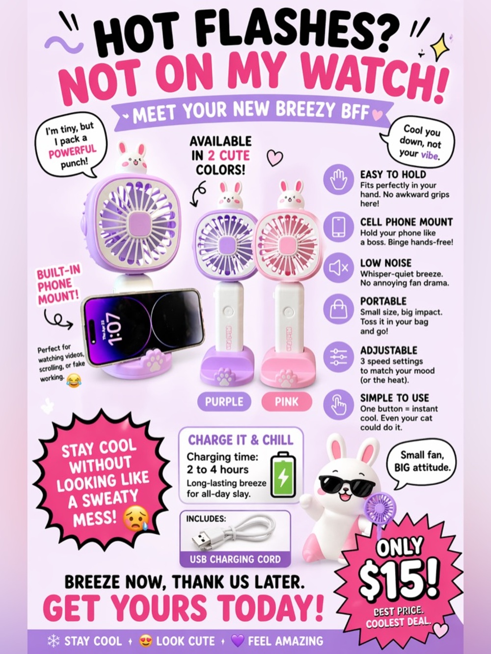 💥Power Pink or Power Purple - Bunny Mini USB Handheld Fan